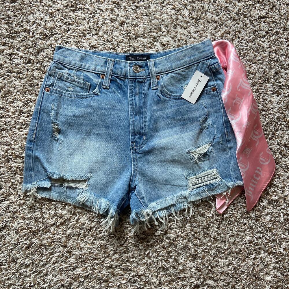 Juicy Couture High Rise Short Women's 26 Medium Wash Denim Distressed Frayed Hem